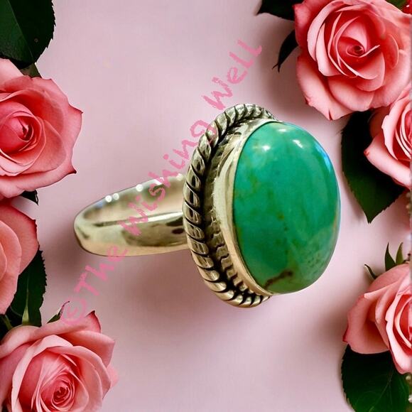 Kingman Turquoise Oval Shape Rope Design Silver Ring Size 8 - Picture 4 of 7